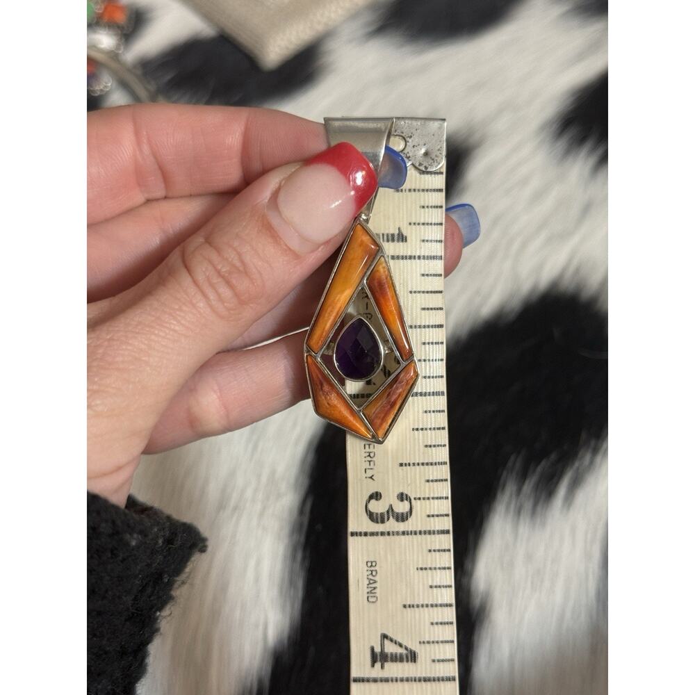 Huge Sterling Silver Jay King DTR Orange Spiny Amethyst Pendant Freeform - Picture 4 of 10
